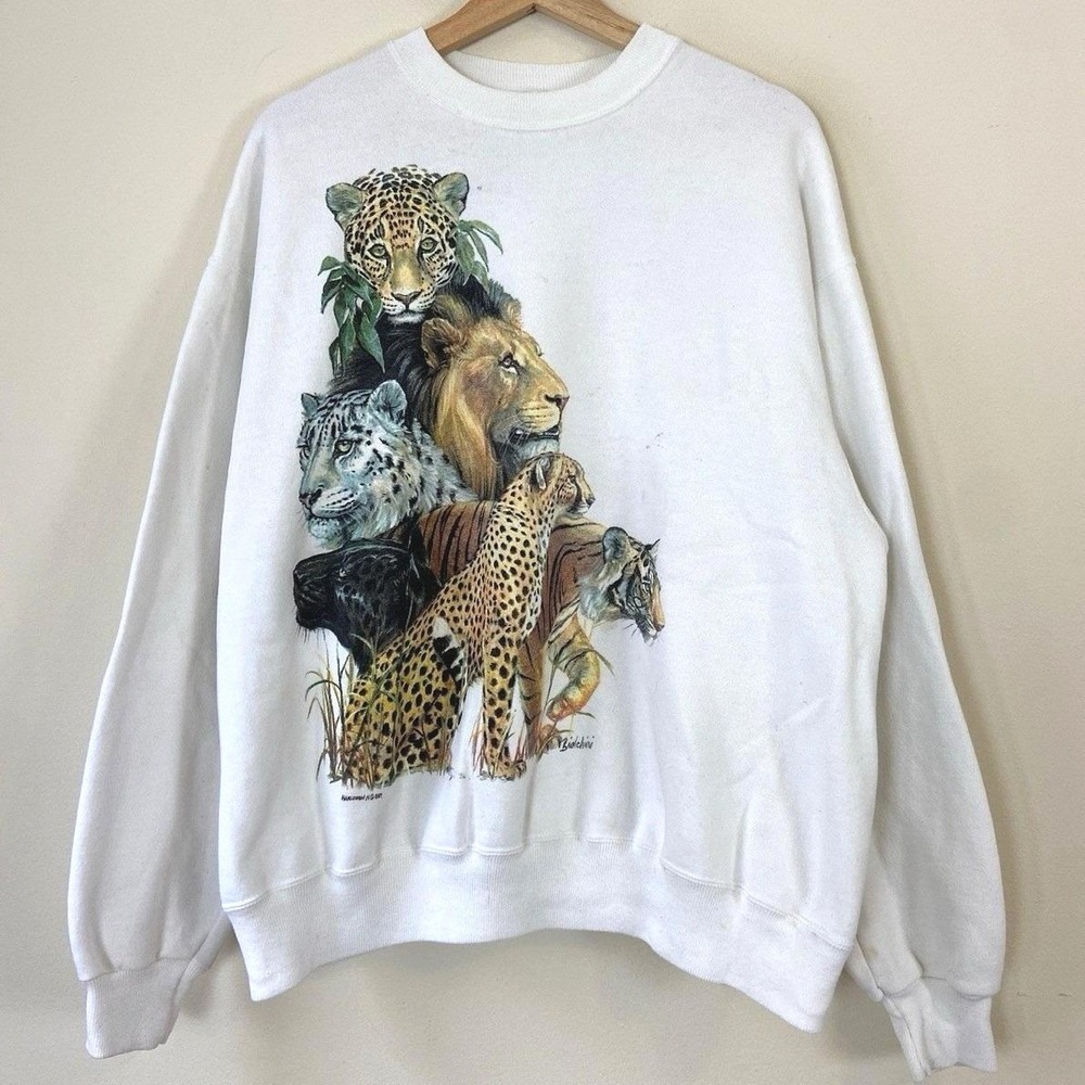 Vintage 80s Jungle Animal Lion Tiger Cheetah Art Hanes Sweatshirt